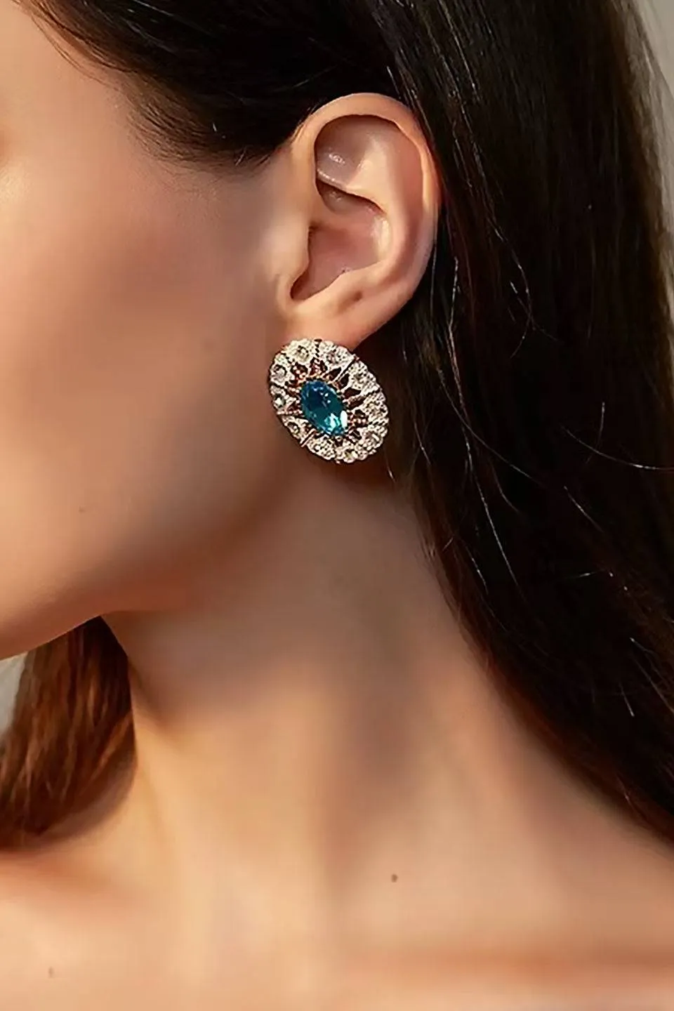 Blue Oval Crystal Cluster Earrings