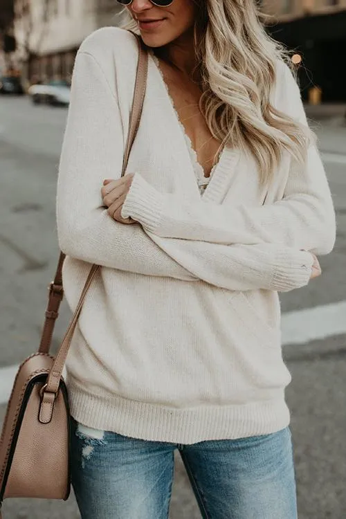 Moxidress Wrap V Neck Long Sleeve Casual Knitting Sweater