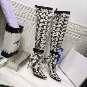 Pointed Toe Metal Buckle Elastic Socks Boots Over The Knee Boots Leather Stitching Boots
