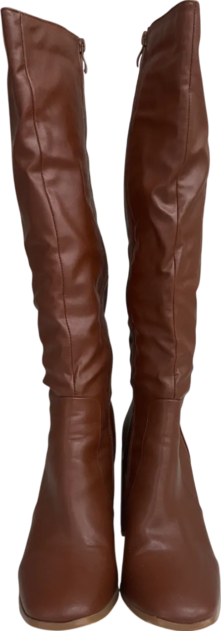 PrettyLittleThing Brown Round Toe Ruched Over The Knee Block Heeled Boots UK 7 EU 40 