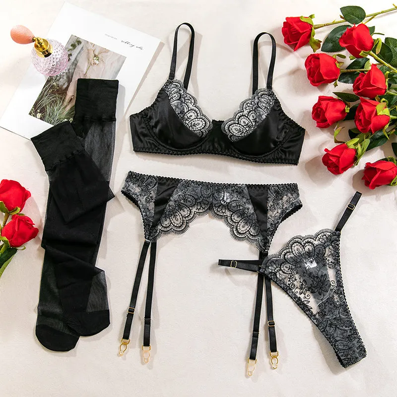 Sexy embroidered lace hollow bikini with stockings