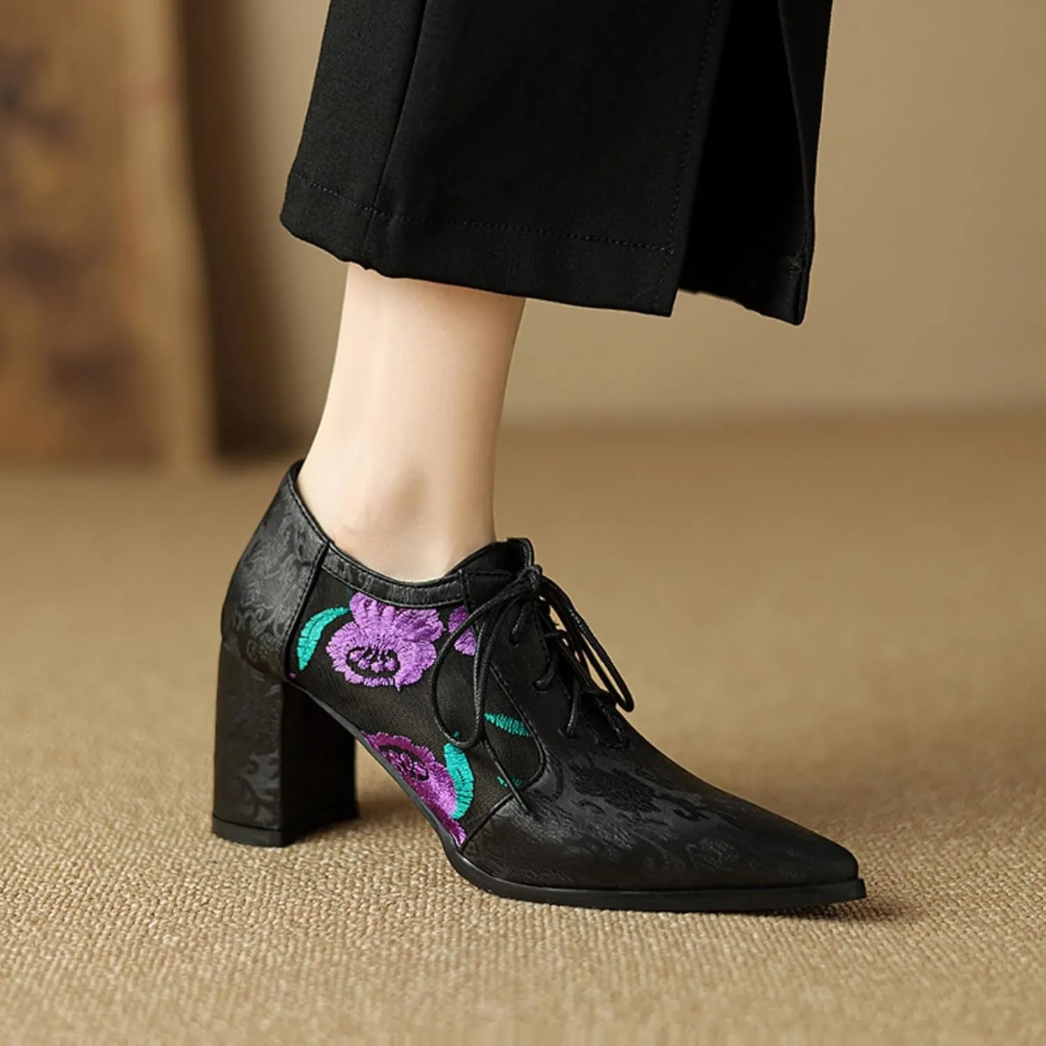Women's Mesh Breathable Lace Oxfords Shoes Fashion Pointed Toe Chunky Heel Block Brogues Casual Evening Party Prom Dress Pumps